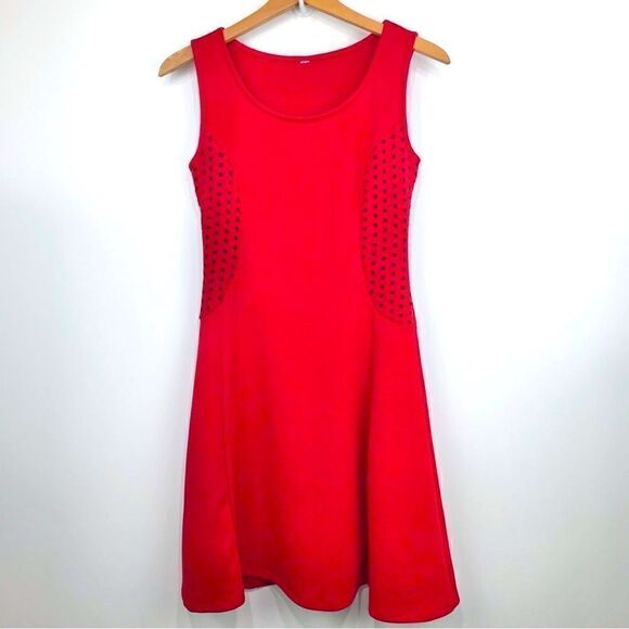 Red A-Line Sleeveless Stretch Dress with Laser Cut Sides - Picture 1 of 10